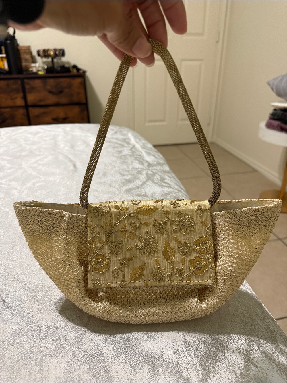 Vintage Gold and Cream Embroidered Straw Mini Shoulder Bag